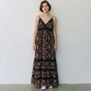 Express Navy Floral Empire Waist Tiered Full Length Spaghetti Strap Size M